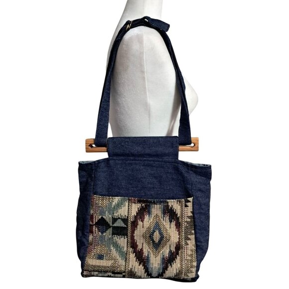 Handcrafted Denim Tote Bag With Wooden Handles & Southwestern Patterned Pockets - Picture 3 of 8